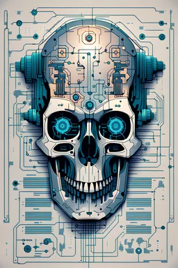 FLAT VECTOR LAYERED IMAGE OF CYBERNETIC SKULL PARTS IN A SCHEMATIC