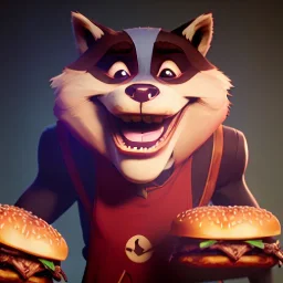 portrait of a anthropomorphic smiling raccoon holds a burger in its hands. unreal 5, octane render, cinema4d, soft lighting, soft lighting, 4k, redshift render, highly detailed, hyper realistic