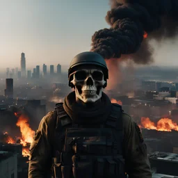 32k, RAW photo, highest quality, 8k hdr, bluray screengrab, 2010s, film still 8k uhd, american soldier, ((skull face)), standing on roof, overlooking burning modern city, ((hyper fire)), highly detailed, sharp focus, cinematic look, hyperdetailed, extremely detailed, Timeless art work, Masterpiece, Genius, Worldclass, Extra ordinary, Aesthetic, Beautiful, ((Stunning evilcore)), cinematic lighting, studio quality,