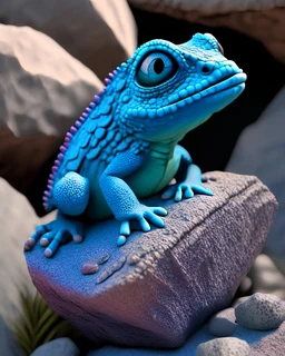 blue iguana, on a rock, full body, IP, Blender, pop mart, Pixar, Disney, high detailed face, ultra high definition, Bright color, pastel color, clay figure, blind box, best quality