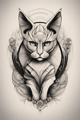 Create a captivating modern 2d ink tattoo design for print , prestigious Divine Cat using the elegant influences of japan art style, for print, dynamic elements from fashion and design, and bold Japanese contemporary art aesthetics, framing centered in the center, distanced from the edges of the paper perimeter, perfect anatomy, bauhaus, Divine Proportion,