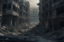 human design, breaking down into pieces, cinematic image, 16K observe a dystopian scenario, destroyed and abandoned city from a side close-up