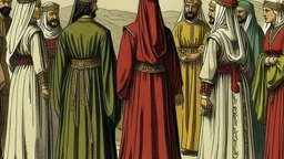 Rear view in 1490 of Andalusian men and women gathered around a commander in ancient Arab dress