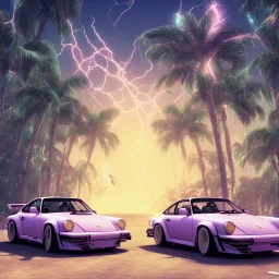 1980's aesthetic vaporwave palm trees and spheres and Porsche with lightning