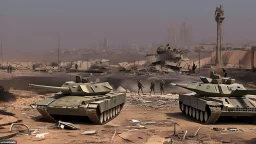 Israeli soldiers and tanks stand on a very large chessboard in the middle of a destroyed city