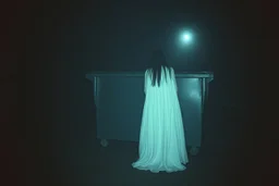 low res, low quality picture, high film grain, terrifying scene of a ghostly girl wearing a long ghostly white gown leaning out from behind a dumpster on a foggy night, found footage horror, low contrast, night vision, static haze