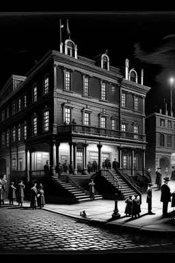 Create an atmospheric depiction of Ford's Theatre in Washington, D.C., on the evening of April 14, 1865. Capture the historical ambiance and the anticipation of the audience as they gather for the play "Our American Cousin