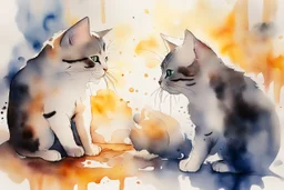 cats playing activity, melting watercolor and black ink outlines on wet paper, soft, shading strokes, in sunshine, ethereal, otherwordly, cinematic postprocessing, bokeh, dof