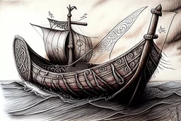 Viking boat drawing Ultra realisic, Ultra detailed, Very professional drawing, Art, colorfull, vikings, old