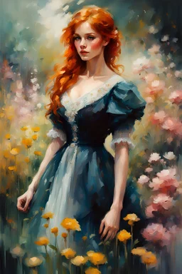 Redhead Russian girl 28yo in a Victorian dress in a beautiful flower garden, dreaming :: by Jeremy Mann + Carne Griffiths + Leonid Afremov, black canvas