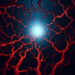 epic dark scene with vibrant tangerine-colored (((bifurcating))) fractal-like squiggly blood veins, which fill the scene, spiraling away from the viewer who views the scene from a (((fish-eye camera view))) the veins head towards a bright light blue cyan dramatic light, scientific illustration