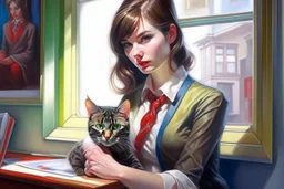 kitten brunette woman secret agent joker in an office in sunshine, very detailed, oil painting