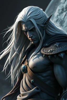 Male elf, muscular warrior, dark grey skin, long white hair. Sci-fi Fantasy. Photorealistic