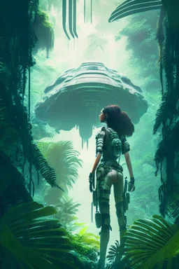 futuristic woman standing on one side of a large spaceship, in a jungle clearing