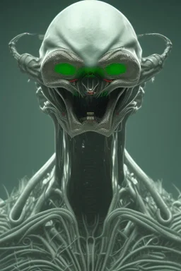 green alien, head, evil, black eyes, silver teeth, weapons, blood, 8k, finely detailed, photo realistic, HR Giger style