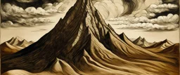 A brown mountain covered in sand designed in medieval tapestry painted by Pablo Picasso