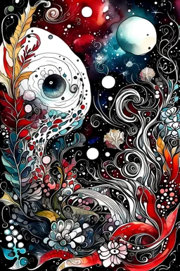 Three-dimensional watercolor. A space guppy on the background of unusual lace plants of an exoplanet. White-gold,burgundy,black,emerald,gray,sapphire,scarlet. A lot of details.Fine drawing with black ink,clear lines,magically, beautifully,surrealism,the play of color and light,contrast,horror,filigree ,neuro art,lumen,multi-exposure,macro detail,hyperrealism, 5d threads,64k,dark fantasy,dark botanical,bioluminescence. Fractal-neon, glitter,stars