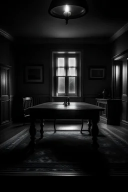 PORTARIT OF A DARK HOME AND VIEW OF A ROOM WITH THE TABLE IN THE CENTER OF THE ROOM.