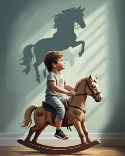 My Gemini prompt/Pixverse animation. Prompt: A square digital painting of a young boy sitting on a rocking horse in his bedroom, his translucent light grey shadow which is on the wall beside him depicting an outline of a boy galloping a real horse, the image depicts the dreams child have. Hyper-realistic hyper-vibrant hyper detailed