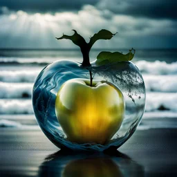 lovely double exposure image by blending together a stormy sea and a glass apple. The sea should serve as the underlying backdrop, with its details subtly incorporated into the glossy glass apple, sharp focus, double exposure, glossy glass apple, (translucent glass figure of an apple) (sea inside) lifeless, dead, glass apple, yellow colors, decadence, intricate design, hyper realistic, high definition, extremely detailed, dark softbox image, raytracing, cinematic, HDR, photorealistic (double exp