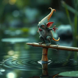 airbrush and pen outline, a glittering Deep Gnome (Svirfneblin) gremlin balancing on bamboo stick on the surface of a pond, goa psy ambient in the style of vangelis and fsol, source vibrations, bokeh like f/0.8, tilt-shift lens 8k, high detail, smooth render, down-light, unreal engine, prize winning