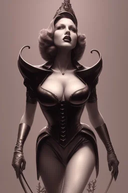 Rita Hayworth as evil queen in black leather, busty, cleavage, dominatrix, curvy, angry, stern look. character design by cory loftis, fenghua zhong, ryohei hase, ismail inceoglu and ruan jia. unreal engine 5, artistic lighting, highly detailed, photorealistic, fantasy