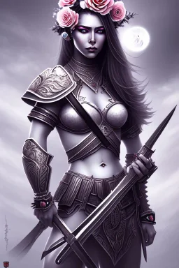 lady warrior with white top and black eyes and flowers