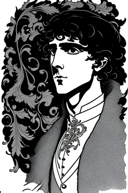 Black haired blue eyed freckled young male warlock in the style of aubrey beardsley