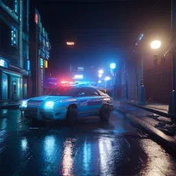 Cyberpunk,police car in night city on the rain unreal engine 5, octane render,cinema4d, dynamic lighting, 8k, redshift render, highly, hyperrealism ultra realistic, hyper realistic.