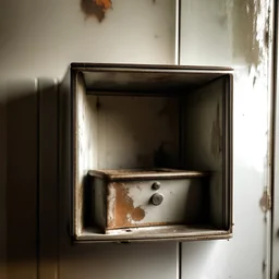 old metal box on a wall with paper in it, open