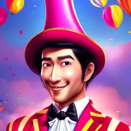 ringleader, Arthur Kulkov face shot, front, handsome, circus, male, Yamada Akihiro character portrait, Russian, 山田章博, offrecord deviantart, lisa Frank fantasy, detailed matte painting, Golden hour, interesting detailed storybook fantasy