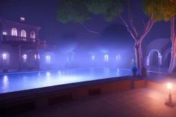 spanish courtyard ,pool , night time , unity, scriptable render pipeline , lighting , volumetric , global illumination, fog ,blue emission , purple tone.