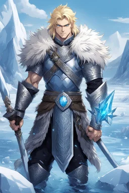 1 anime man. warrior, with blue eyes and blonde hair man in silver Viking armor with fur around the neck with blue crystal on his chest, standing in water in the artic, holding a ice axe, warrior in, anime style