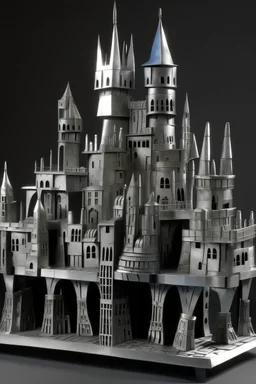 A silver colored castle made out steel designed in Hawaiian tiki statues painted by Stuart Davis