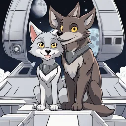 front in picture an of little dark brown catlike creature with big ears, big eyes stands medium close and looking an anthropomorphic wolf couple sitting on the spaceship's ramp close together, the pale gray body hair female wolf sits behind strong male wolf and touths one paw on the dark gray body hair man wolf's shoulder, raini day, on ramp a little piece of meat lies down, high contrast, high detalied, high realistic, in background detail of an angular spaceship visible. Rain, 3d realistic art