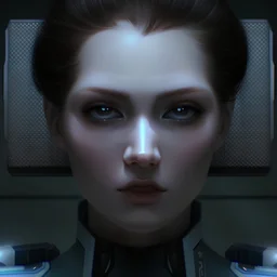 beautiful female captain, high tech, sci fi, brown eyes, pale skin, blue outfit
