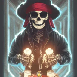 a cyberpunk hacker pirate captain skeleton holding a beer with a pirate hat sitting in front of a huge old crt monitor in a dark room , only light coming from crt monitor, highly detailed, intricate, digital art, trending on artstation, trending on cgsociety, by greg rutkowski