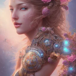 fantasy magic, intricate, sharp focus, illustration, highly detailed, digital painting, concept art, artgerm and paul lewin and kehinde wiley, masterpiece sexy lips with a smile Celtic lady body flowers lady outer space pretty, pink blue