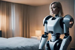 [replicant] a blonde 40yo woman stands before a sleek, humanoid robot in her bedroom. She gazes at the soft and warm machine with a mixture of curiosity and longing, her heart pounding in anticipation of what is to come.With a hesitant but determined step, she reaches out and touches the robot's cold, smooth surface.