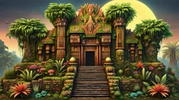 Expressively detailed and intricate 3d rendering of a hyperrealistic: mythical temple aztec tropical jungle souronded by exotic plants and flowers, barks, vines, flying insect, front view, dripping colorful paint, tribalism, gothic, shamanism, cosmic fractals, dystopian, dendritic, stylized fantasy art by Kris Kuksi, artstation: award-winning: professional portrait: atmospheric: commanding: fantastical: clarity: 16k: ultra quality: striking: brilliance: stunning colors: amazing depth: masterfuс