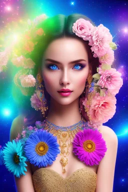 Beautyful smiling young woman, long hair amazing blue eyes, flowers, happy cosmic, bright colors, blue, pink, gold, jewels, realistic, photo real, clear sunny background, highly detailed, high contrast, 8k high definition, unreal engine 5, extremely sharp detail, light effect, sunny light backgroundgold, jewels, realistic, photo real, clear sunny background, highly detailed, high contrast, 8k h