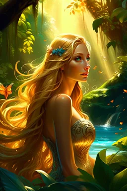 A captivating image of a graceful, powerful and mysterious woman with light brown skin and long fiery blond hair, which appears to be on fire, as her wavy locks flow in a flowing tropical jungle-waterfall breeze. She wields a beautiful bow, decorated with intricate embellishments and graceful designs. The sunlight casts long shadows, emphasizing the delicate beauty of the woman and evoking a sense of mystery and connection. The shallow depth of field isolates the woman and the desert environment