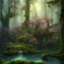 high-quality, fine-detail beautiful, breath-taking forest with gnarled trees, flowers, clear reflective lake, tranquil, stunning, 8k resolution, intricate, digital art, detailed matte, volumetric lighting, George Grie, Anne Dittman, Anne Stokes, Lisa Parker, Selina French, Alphonse Mucha