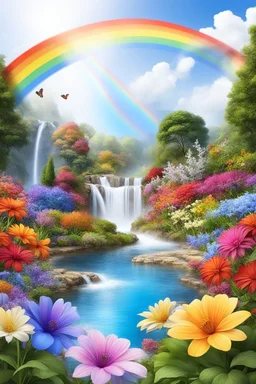 fantastic,Beautiful garden, flowers,rainbows, cascades arc en ciel, papillons colorés