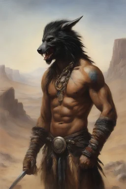 head to waist - native American Indian werewolf - craggy desert wasteland background, 32k, UHD, Hyper-realistic oil painting by Gerald Brom