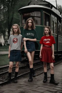 Three teenagers - two boys and one girl playing decectives. Photo taken in 2020 in front of a historic tramway in Slupsk. The girl has torn T-shirt, a short red skirt, heavy boots, dynamic poses, a 135 mm lens, classic Ilford film, highly detailed skin,