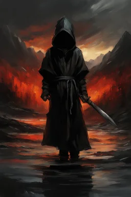 A formidable warrior-a 10-year-old boy in a black robe with a hood, on the background Amazing gloomy landscape, flooded with sunset, mountains, trees, fabulous scary hero, , juicy emotions, painting, dark fantasy, bad weather, gloomy day, dark world, by Raymond Swanland & Alyssa Monks & Anna Razumovskaya & James Paick