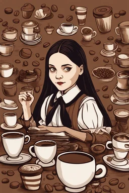 Wednesday Addams in front of Some Coffee cups and coffee beans and Other Things Arranged on a Brown Background