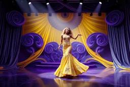 modern stage with gray-dark yellow blueish violet theme artistic decoration , color full dynamic lighting, a beautiful lady in maxi dress with shining silver jewels ,curvy long hair,dancing, 3D recursive fractal structure animating background