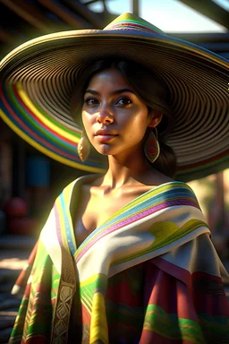 Digital art, high quality, digital masterpiece, natural illumination, spotlight, realistic, film style, beautiful, (full body:3), (1 beautiful Mexican young girl walking, wearing a Sombrero and a Mexican Poncho:3), (cute femenine face:1.8), (sexy eyes:1), tan skin, (Sombrero, Mexican Poncho:3), (black hair:1.8), (Mexican desert:2)